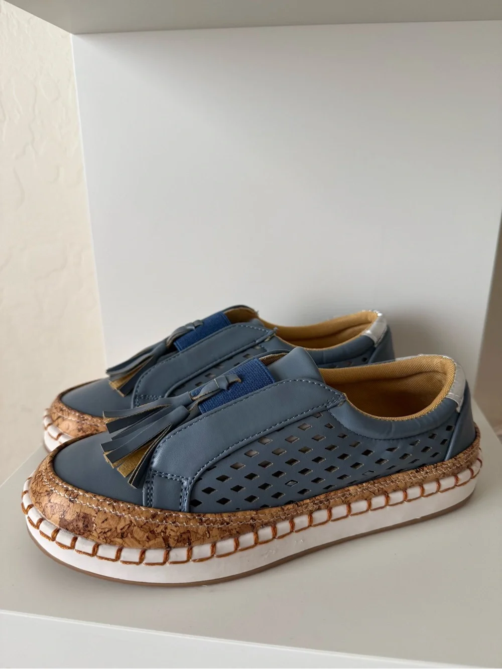 Women’s Blue Perforated Tassel Platform Slip-On Shoes
